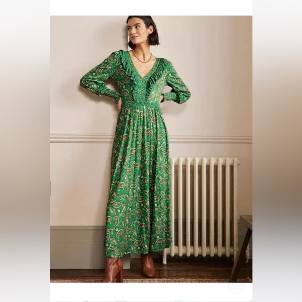BODEN 14 large XL Gorgeous Green Paisley MAXI Dress Longsleeve - Picture 2 of 16